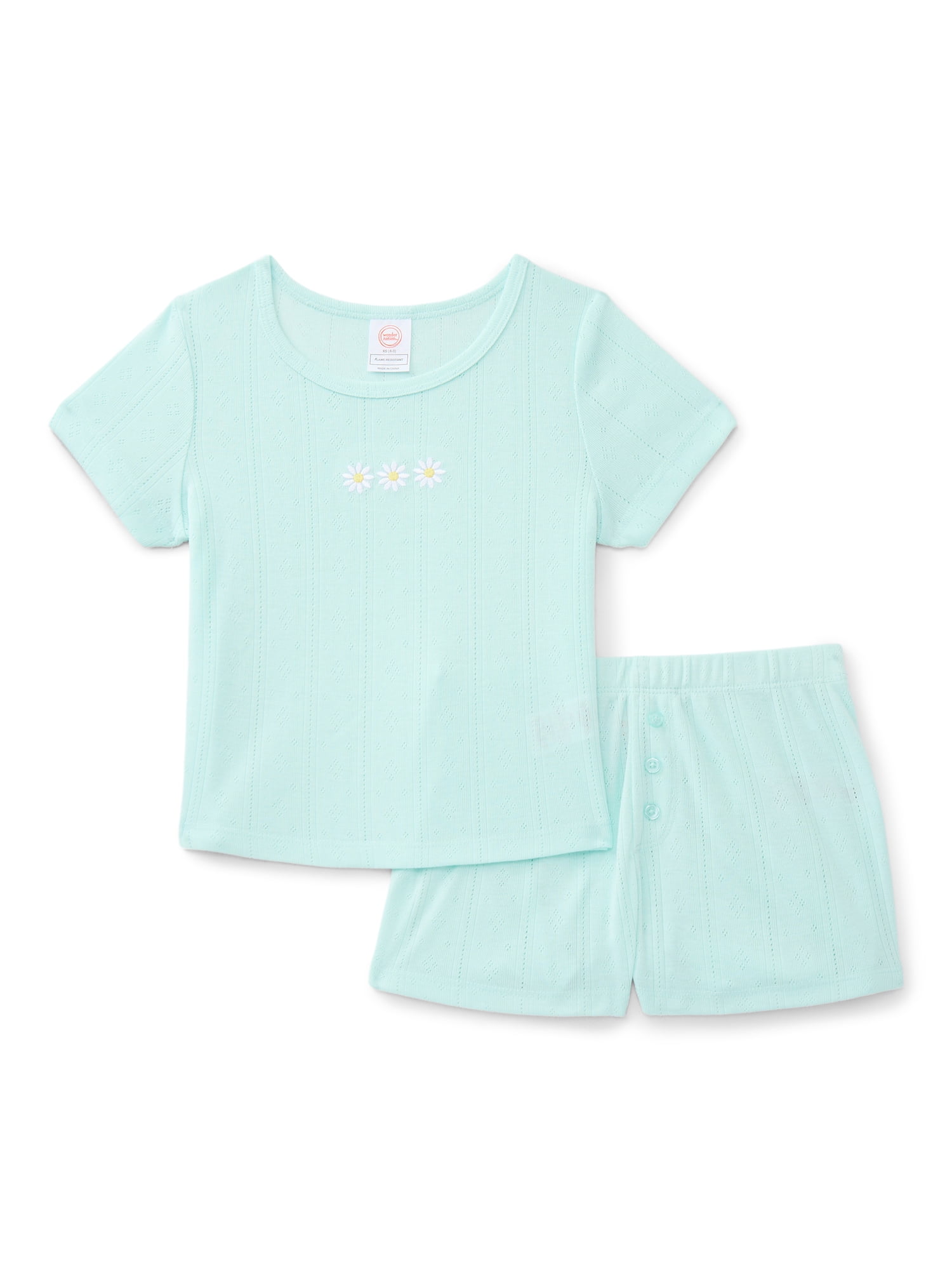 Wonder Nation Girls Pointelle Short Sleeve Top and Shorts Pajama Set, 2-Piece, Sizes 4-18