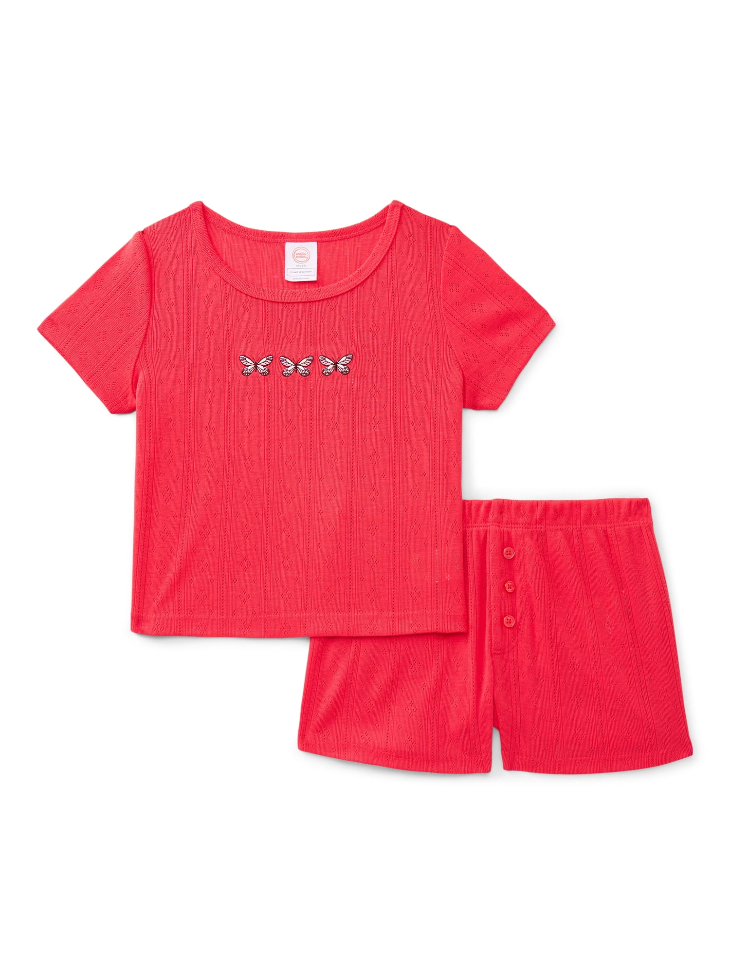 Wonder Nation Girls Pointelle Short Sleeve Top and Shorts Pajama Set, 2-Piece, Sizes 4-18