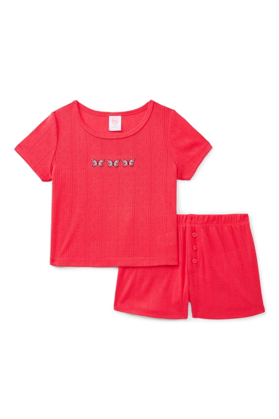 Girls Pointelle Short Sleeve Top and Shorts Pajama Set, 2-Piece, Sizes 4-18