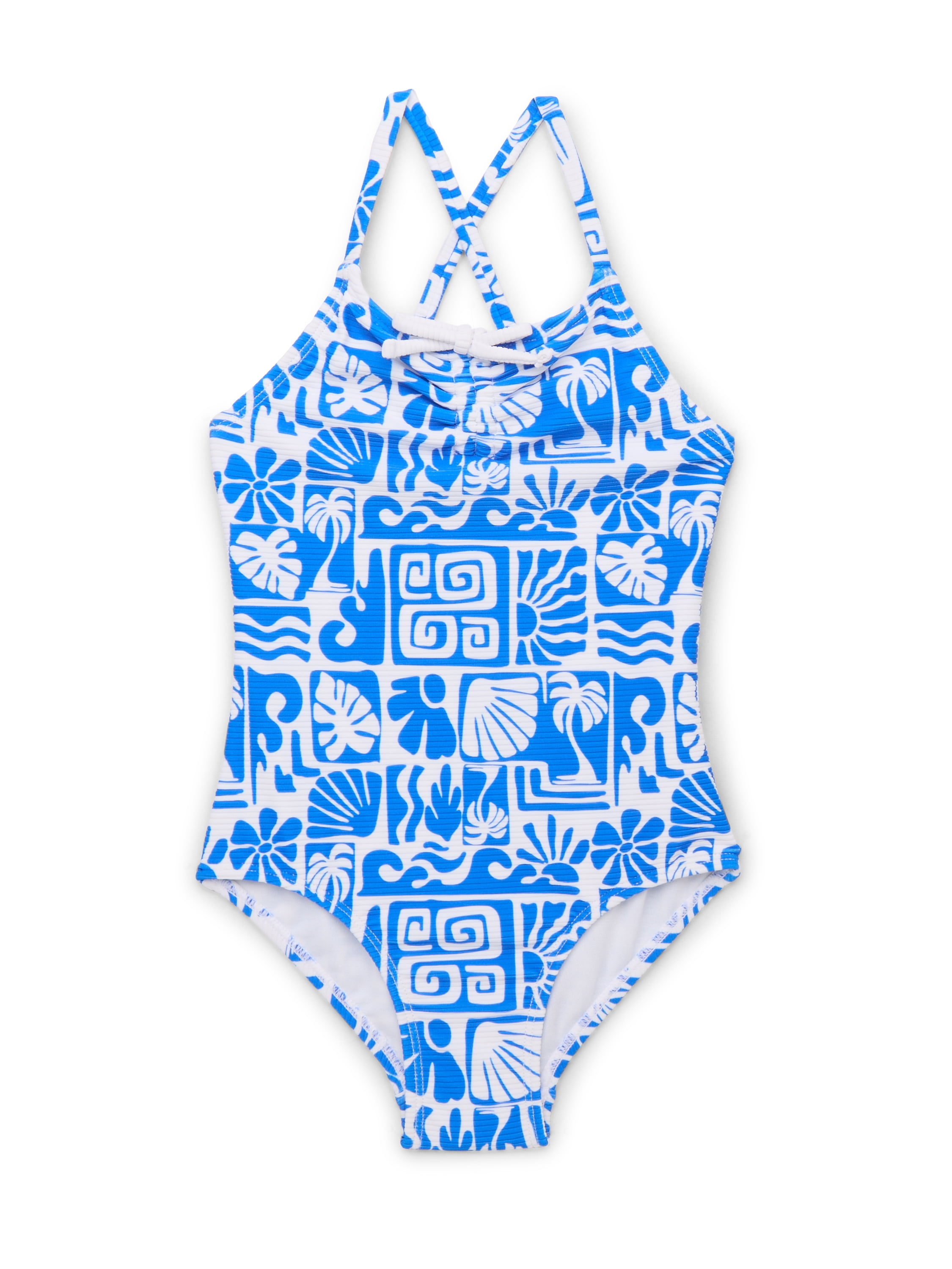 Wonder Nation Girls Ribbed Cross Strap Swimsuit UPF50+