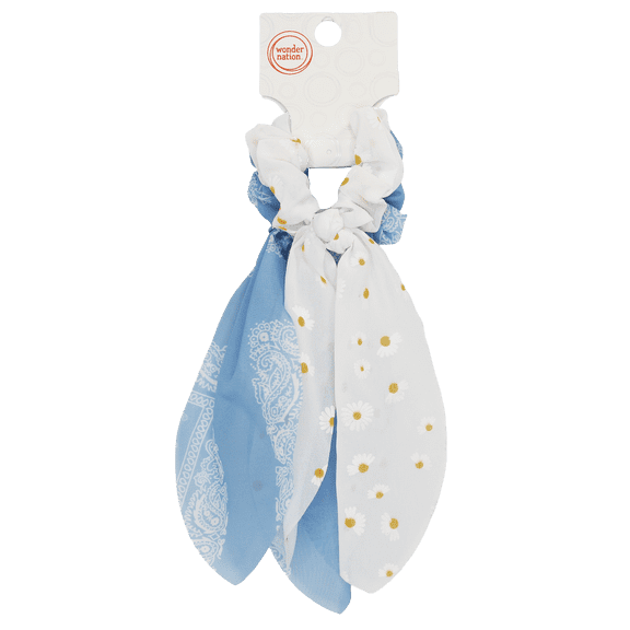 Wonder Nation Girls Printed Twister Scarf Hair Ties, 2-Piece, White/Blue