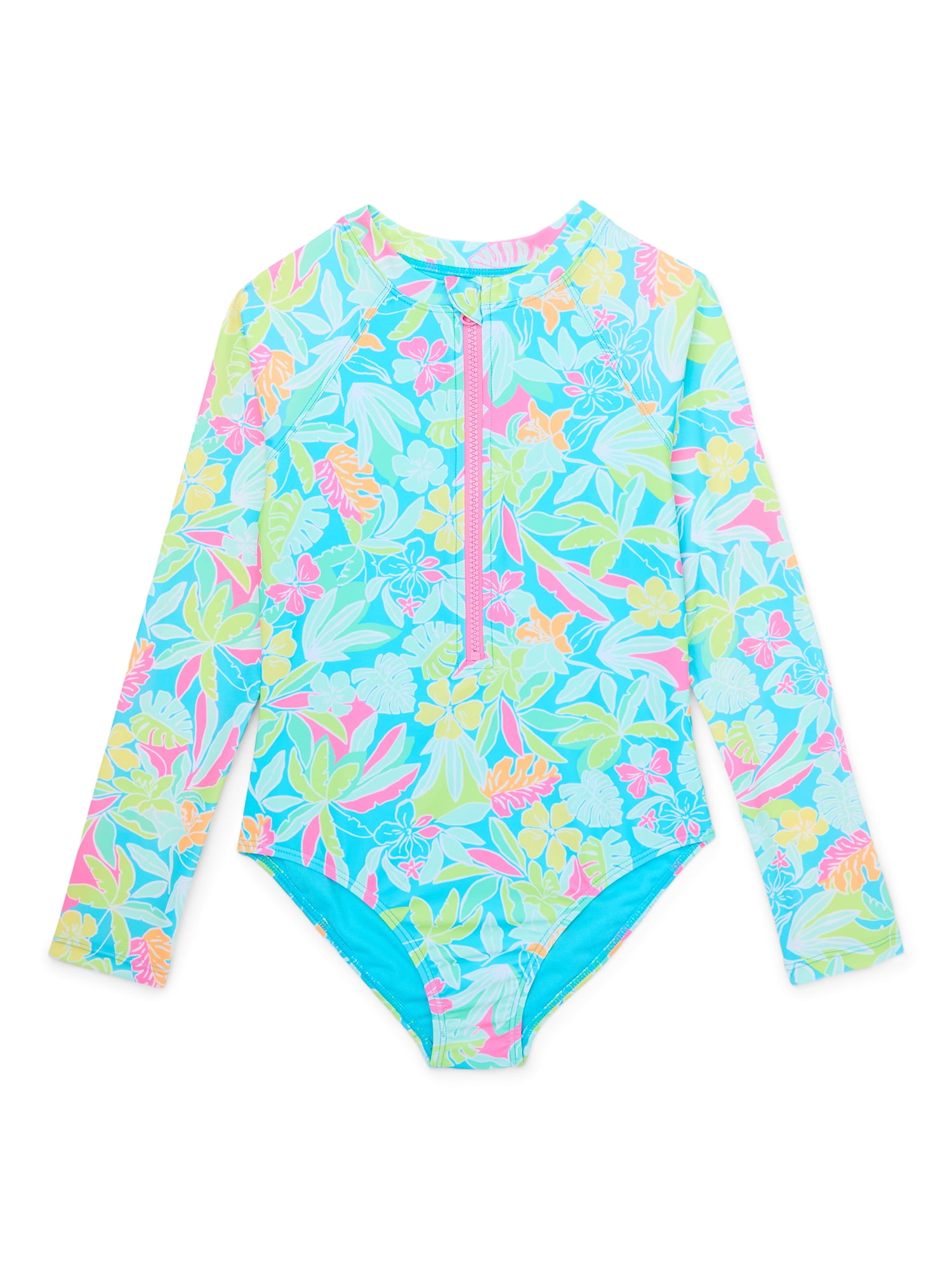 Wonder Nation Girls Printed Zip Rash Guard One-Piece Swimsuit with UPF50+, Sizes 4-18 & Plus