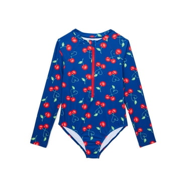 Wonder Nation Girls Printed Zip Rash Guard One-Piece Swimsuit with UPF50+, Sizes 4-18 & Plus
