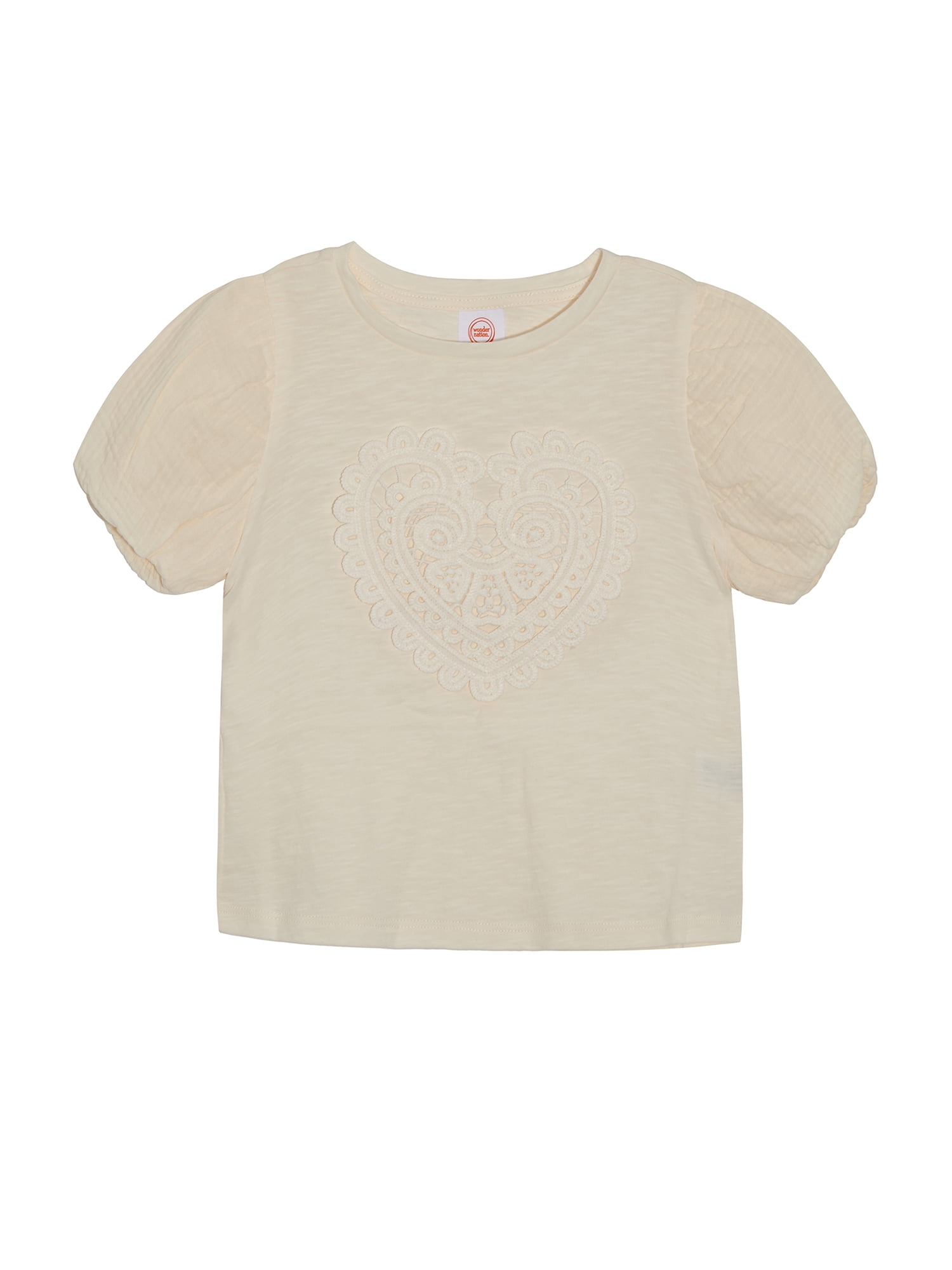 Wonder Nation Girls' Puff Sleeve Crochet Applique Top, Sizes 4-18 & Plus
