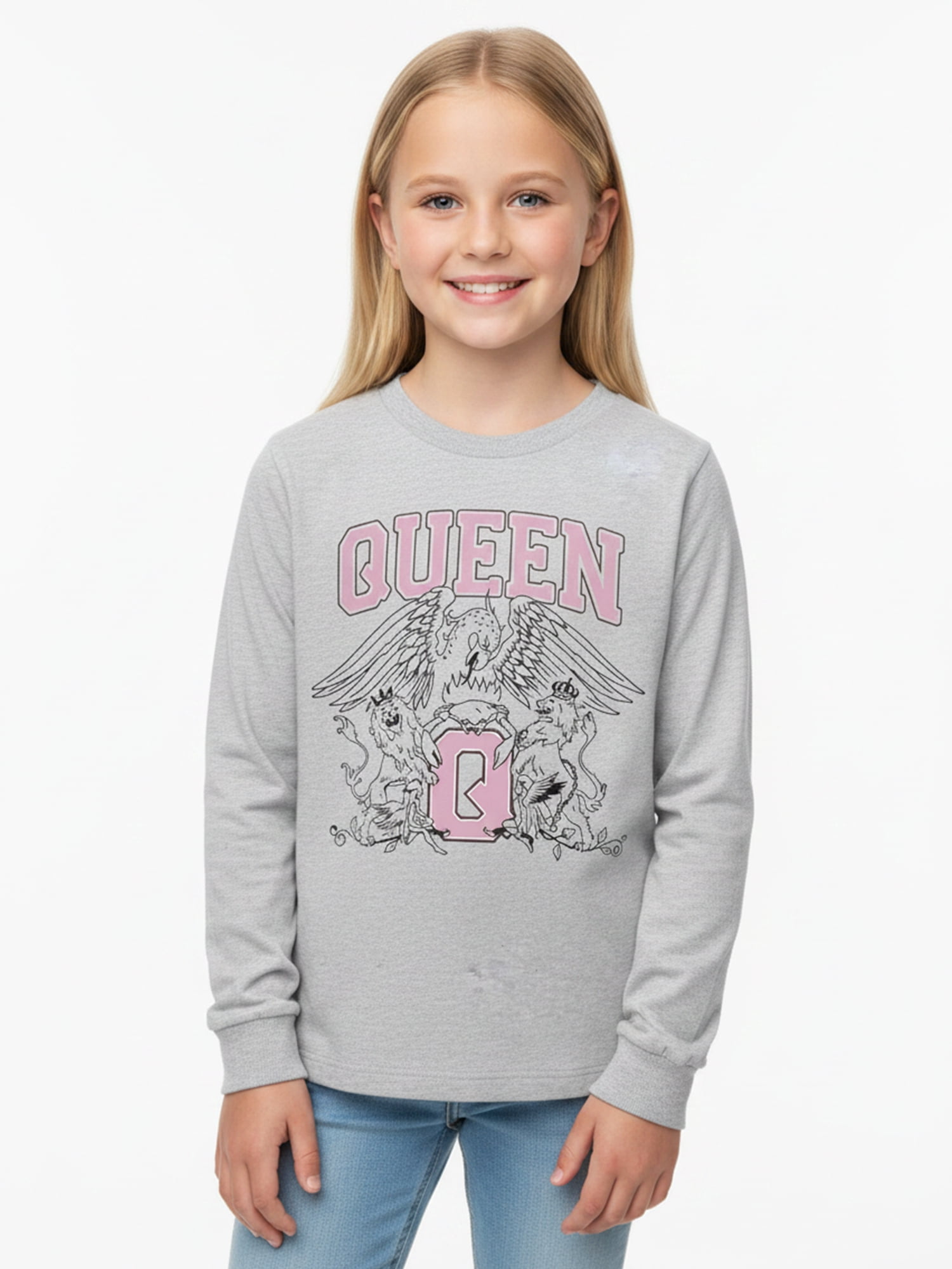 Wonder Nation Girls Graphic Queen Crest Tee with Long Sleeves, Sizes 4–18