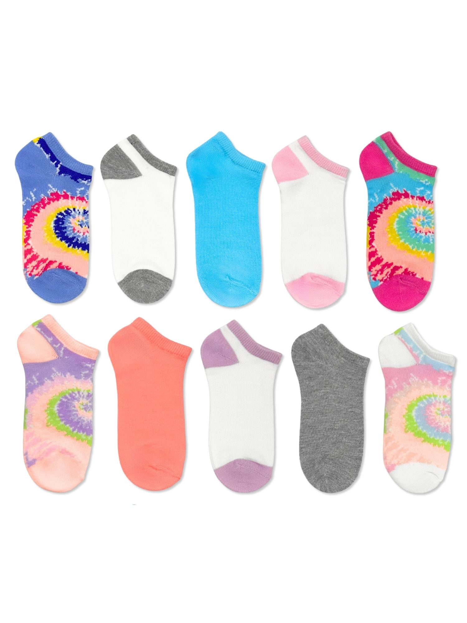 Wonder Nation Girls Rainbow Tie-Dye No-Show Socks, 10-Pack, Sizes S-L