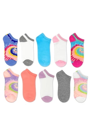 Girls Rainbow Tie-Dye No-Show Socks, 10-Pack, Sizes S-L
