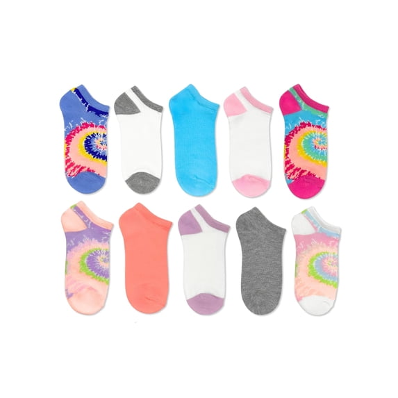 Wonder Nation Girls Rainbow Tie-Dye No-Show Socks, 10-Pack, Sizes S-L