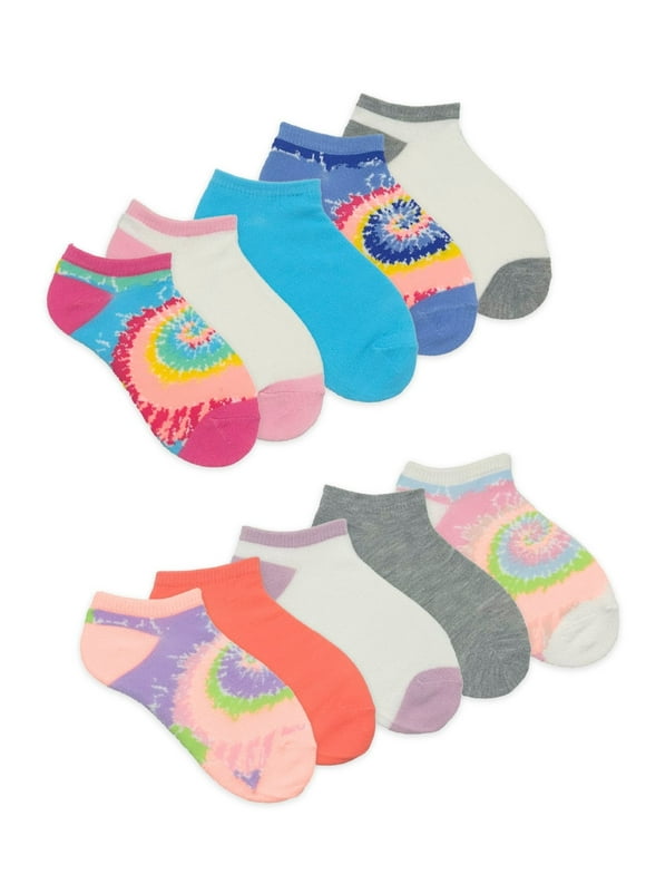 Girls Rainbow Tie-Dye No-Show Socks, 10-Pack, Sizes S-L
