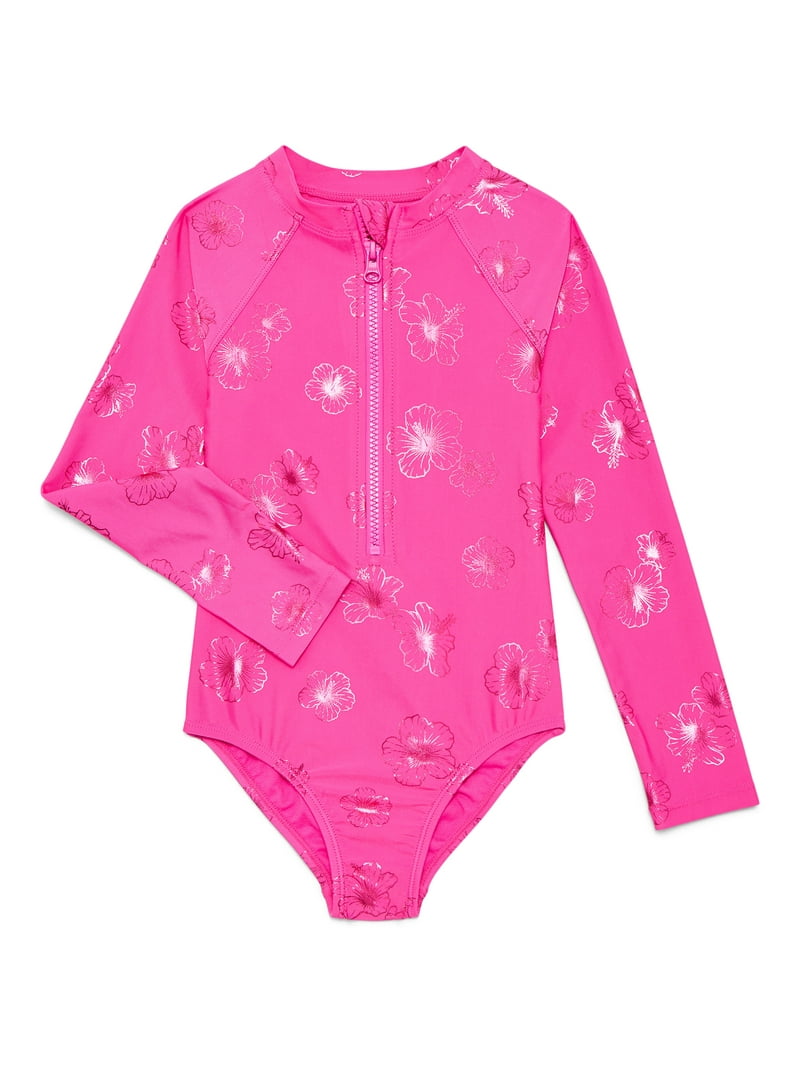 Wonder Nation Girl's Rash Guard One Piece Swimsuit with Long