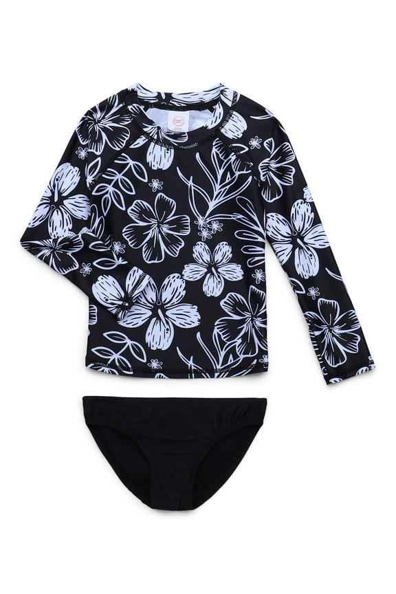 Girls Rash Guard and Bottoms Swimsuit Set with UPF 50+, 2-Piece, Sizes 4-18 & Plus