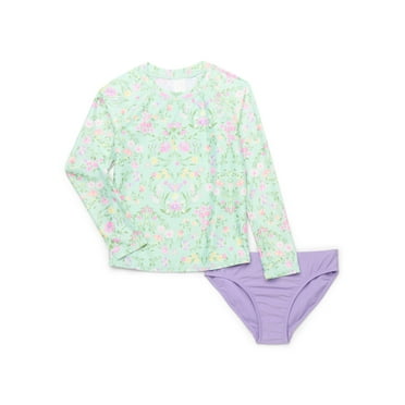 Wonder Nation Girls Rash Guard and Bottoms Swimsuit Set with UPF 50+, 2-Piece, Sizes 4-18 & Plus