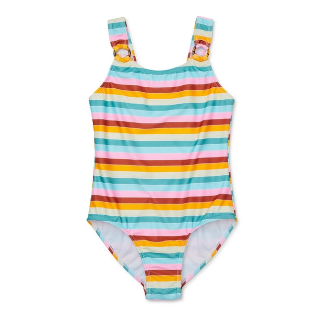 Wonder Nation Girls Retro Stripe One-Piece Swimsuit with UPF 50, Sizes ...