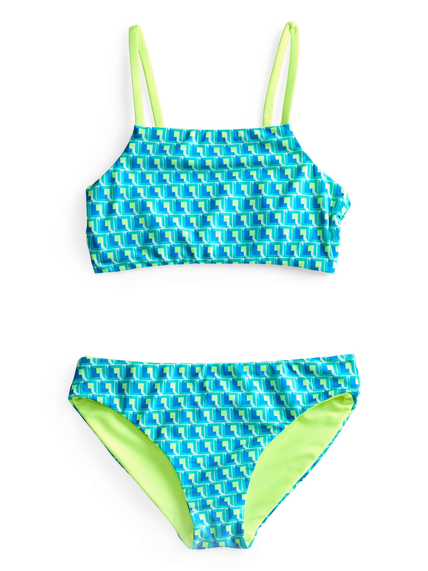 Wonder Nation Girls Reversible Family Geo Print and Solid Bikini Swimsuit Set, 2-Piece, Sizes 4-16