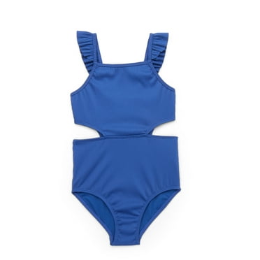 Wonder Nation Girls Rib Knit One Piece Swimsuit with Ruffle Straps and UPF 50, 1-Piece, Sizes 4-18 & Plus