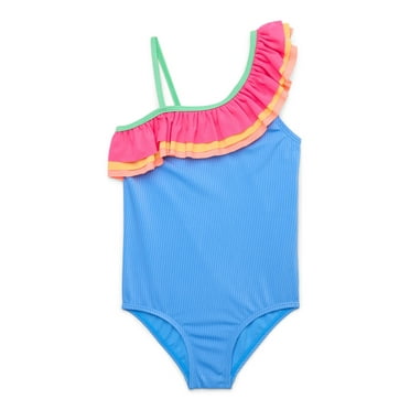 Wonder Nation Girls Ribbed One Shoulder Ruffle One Piece Swimsuit with UPF 50+, Sizes 4-18 & Plus
