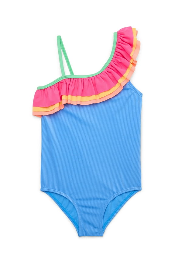 Girls Ribbed One Shoulder Ruffle One Piece Swimsuit with UPF 50+, Sizes 4-18 & Plus