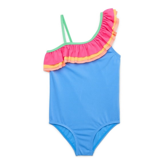 Wonder Nation Girls Ribbed One Shoulder Ruffle One Piece Swimsuit with UPF 50+, Sizes 4-18 & Plus
