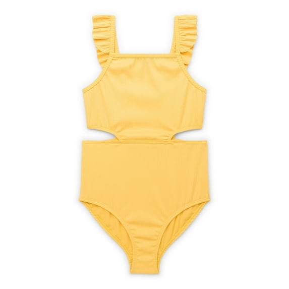Wonder Nation Girls Ribbed Ruffle Cut Out One Piece Swimsuit with UPF 50+, Sizes 4-18 & Plus