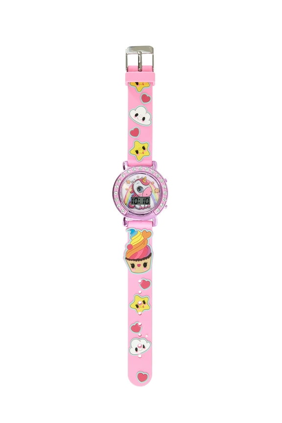 Girls Round LCD Dial Childrens Unicorn Digital Watch, Pink Multi Color, Silicone Strap