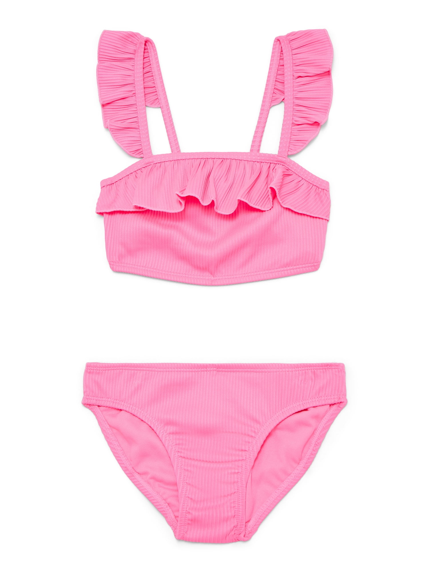 Wonder Nation Girls Ruffle Bikini Top and Scoop Bottoms Swim Set with UPF 50, 2-Piece, Sizes 4-18