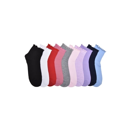 Wonder Nation Girls Ruffle Edge Ankle Socks, 10-pack, Size Medium (Shoe Size 10.5-4)