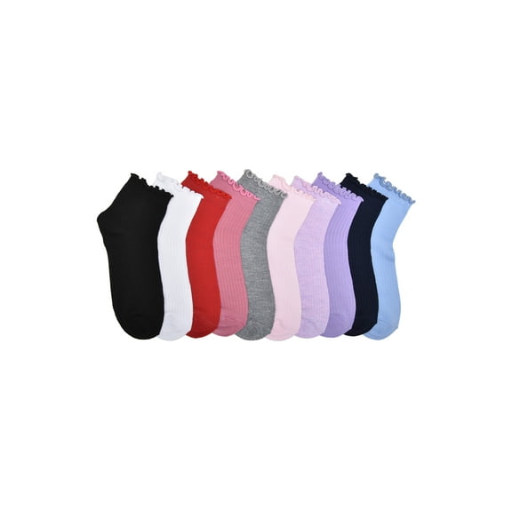 Wonder Nation Girls Ruffle Edge Ankle Socks, 10-pack, Size Small (Shoe Size 6-10.5)