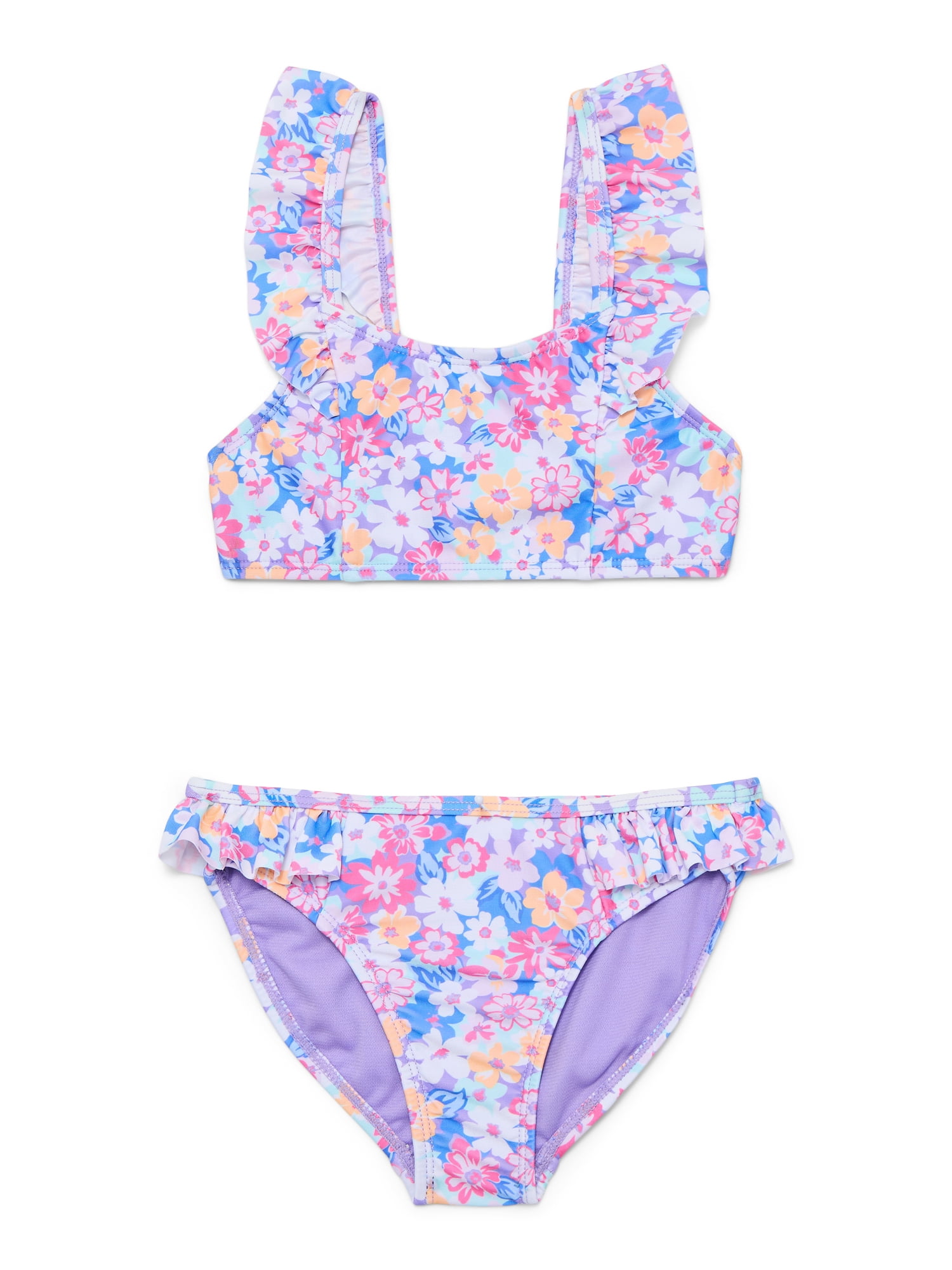 Wonder Nation Girls Ruffle Strap Bikini Top and Scoop Bottoms Swim Set with UPF 50, 2-Piece, Sizes 4-18