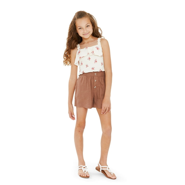 Wonder Nation Girls Ruffle Tank Top and Shorts, 2-Piece Casual Outfit Set,  Sizes 4-18 & Plus 