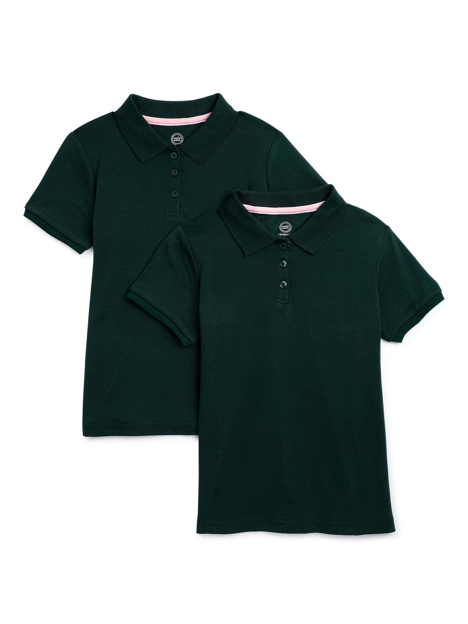 Wonder Nation Girls School Uniform Interlock Polo Shirt with Short Sleeves, 2-Pack, Sizes 4-18
