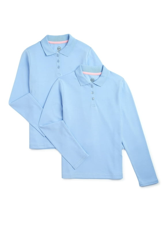Wonder Nation Girls School Uniform Long Sleeve Interlock Polo Shirt, 2-Pack, Sizes 4-18 & 10-16 Plus