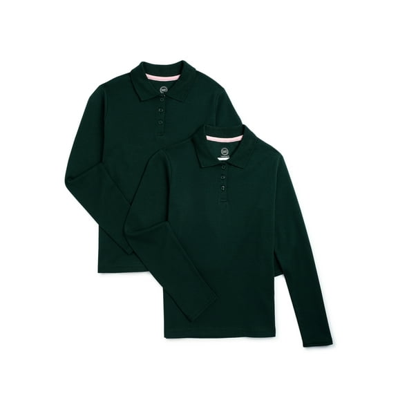Wonder Nation Girls School Uniform Long Sleeve Interlock Polo Shirt, 2-Pack, Sizes 4-18 & 10-16 Plus