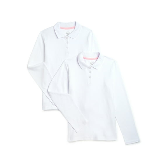 Wonder Nation Girls School Uniform Long Sleeve Interlock Polo Shirt, 2-Pack, Sizes 4-18 & 10-16 Plus