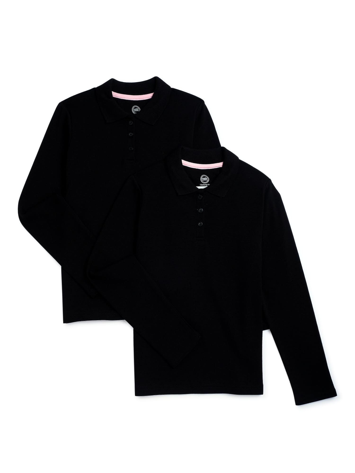 Wonder Nation Girls School Uniform Long Sleeve Interlock Polo Shirt, 2-Pack, Sizes 4-18 & 10-16 Plus