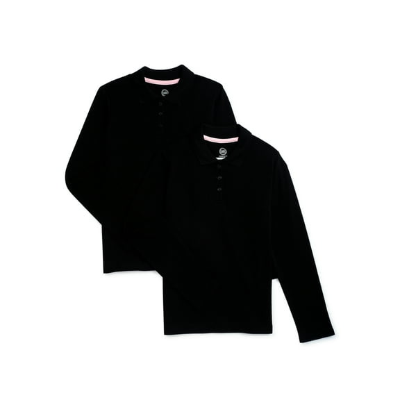 Wonder Nation Girls School Uniform Long Sleeve Interlock Polo Shirt, 2-Pack, Sizes 4-18 & 10-16 Plus