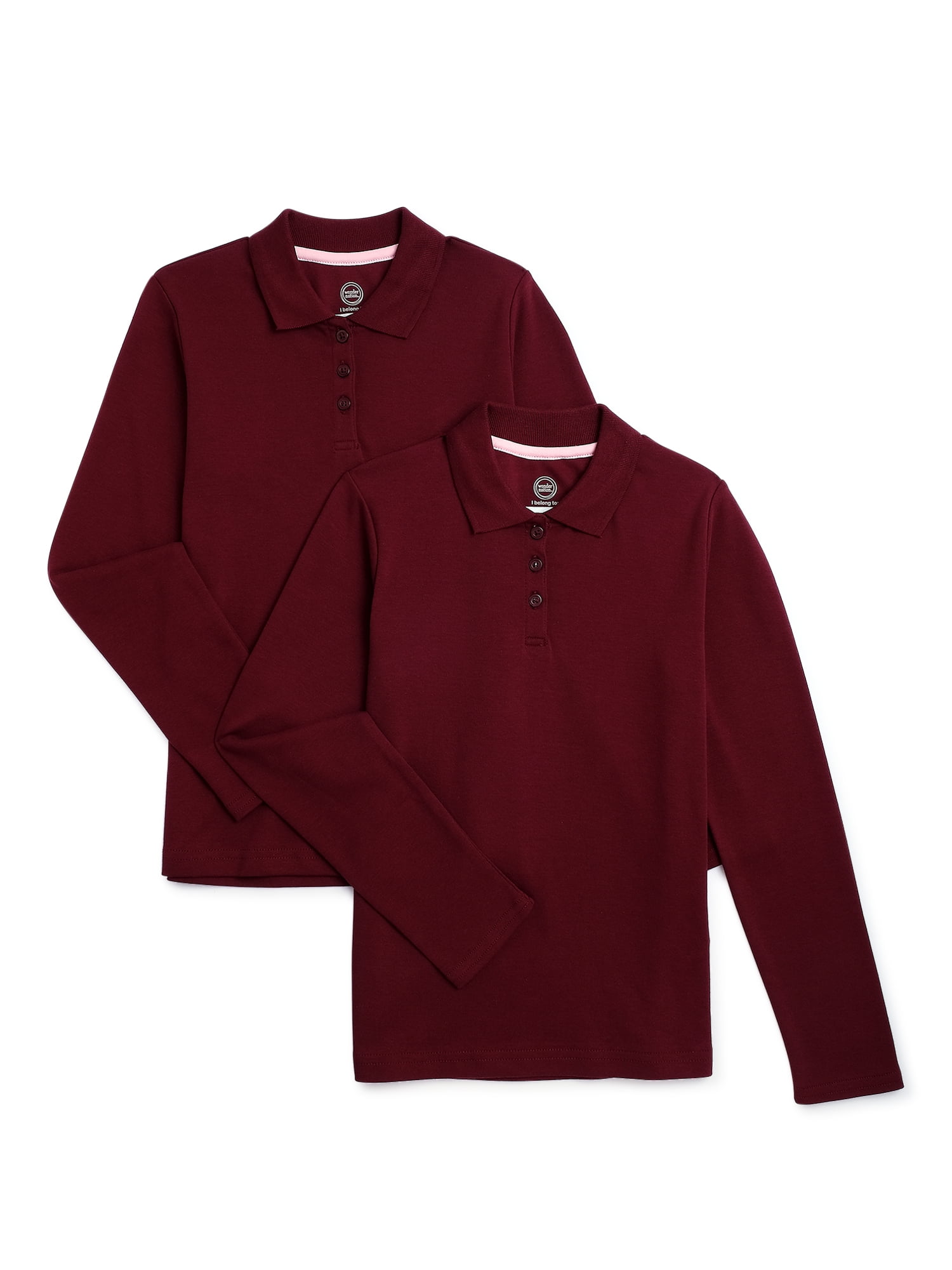 Wonder Nation Girls School Uniform Long Sleeve Interlock Polo Shirt, 2-Pack, Sizes 4-18 & 10-16 Plus