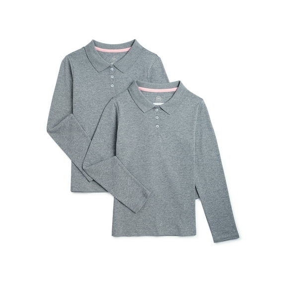 Wonder Nation Girls School Uniform Long Sleeve Interlock Polo Shirt, 2-Pack, Sizes 4-18 & 10-16 Plus