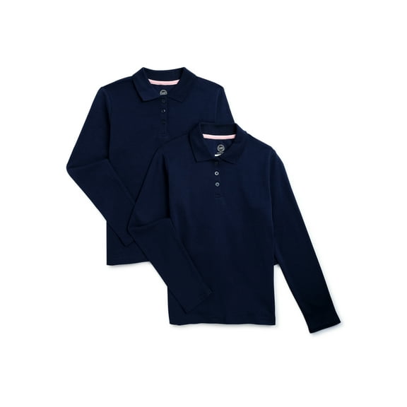 Wonder Nation Girls School Uniform Long Sleeve Interlock Polo Shirt, 2-Pack, Sizes 4-18 & 10-16 Plus