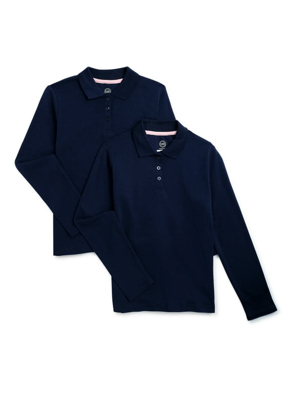 Wonder Nation Girls School Uniform Long Sleeve Interlock Polo Shirt, 2-Pack, Sizes 4-18