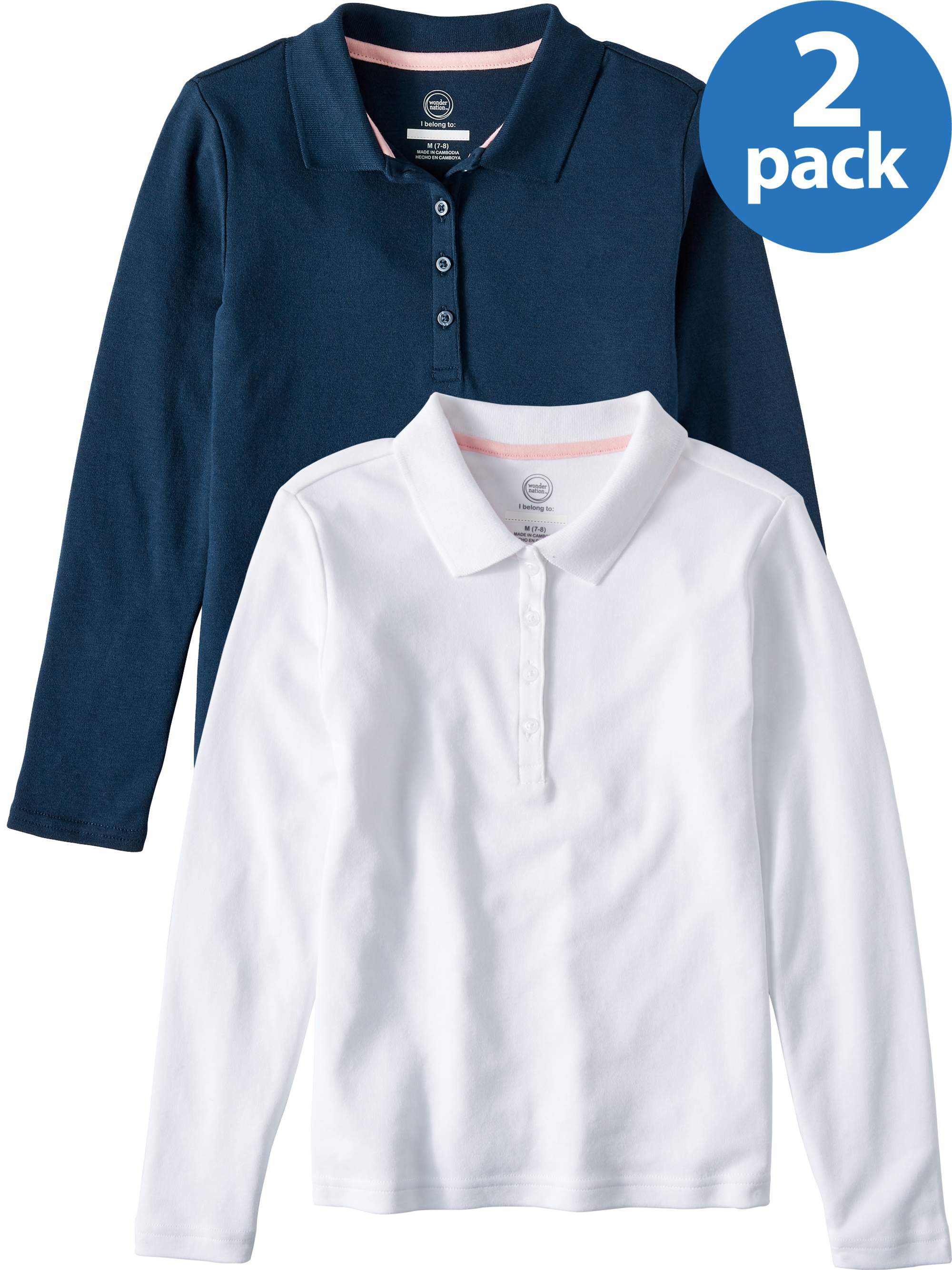 Wonder Nation Girls School Uniform Long Sleeve Interlock Polo Shirt, 2-Pack Value Bundle, Sizes 4-18 - image 1 of 8