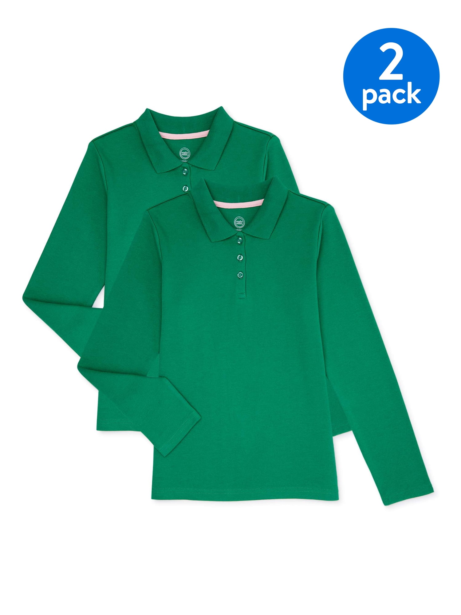 Wonder Nation Girls School Uniform Long Sleeve Interlock Polo Shirt 2 Pack Value Bundle Sizes 4 18 Walmart