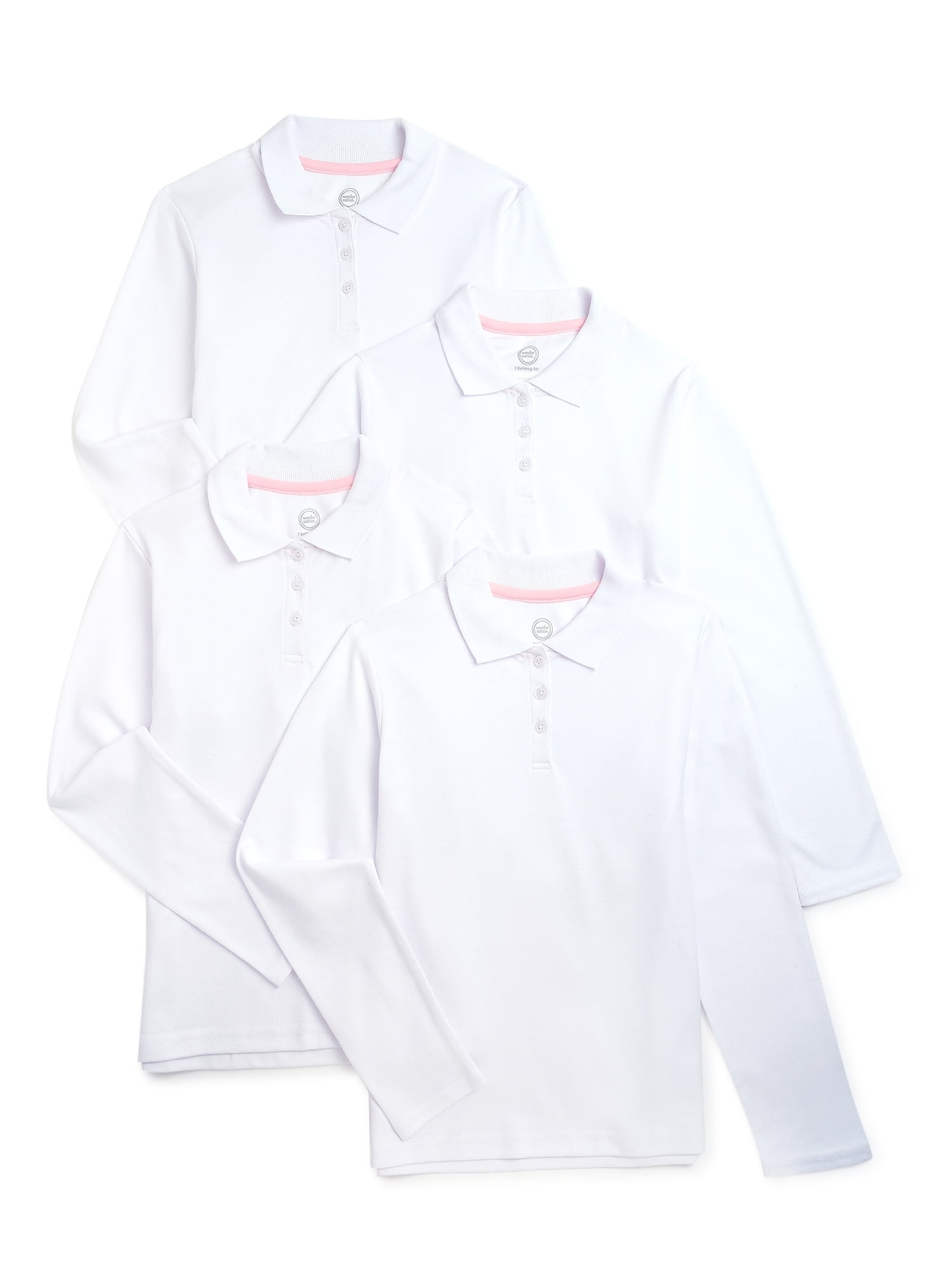Wonder Nation Girls School Uniform Long Sleeve Interlock Polo Shirt, 4-Pack, Sizes 4-18