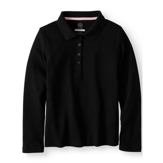 Wonder Nation Girls School Uniform Long Sleeve Interlock Polo Shirt, Sizes 4-18