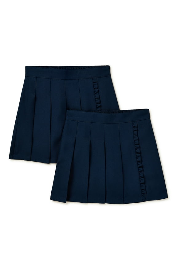 Girls School Uniform Pleated Ruffle Scooter Skirt, 2-Pack, Sizes 4-16