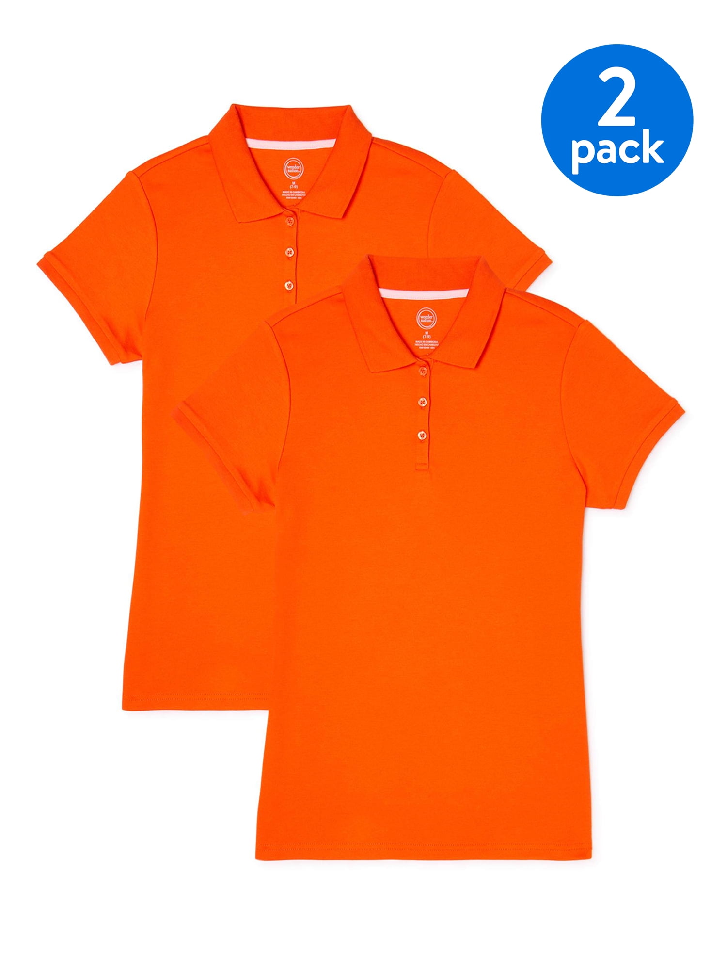 Wonder Nation Girls School Uniform Short Sleeve Interlock Polo Shirt, 2