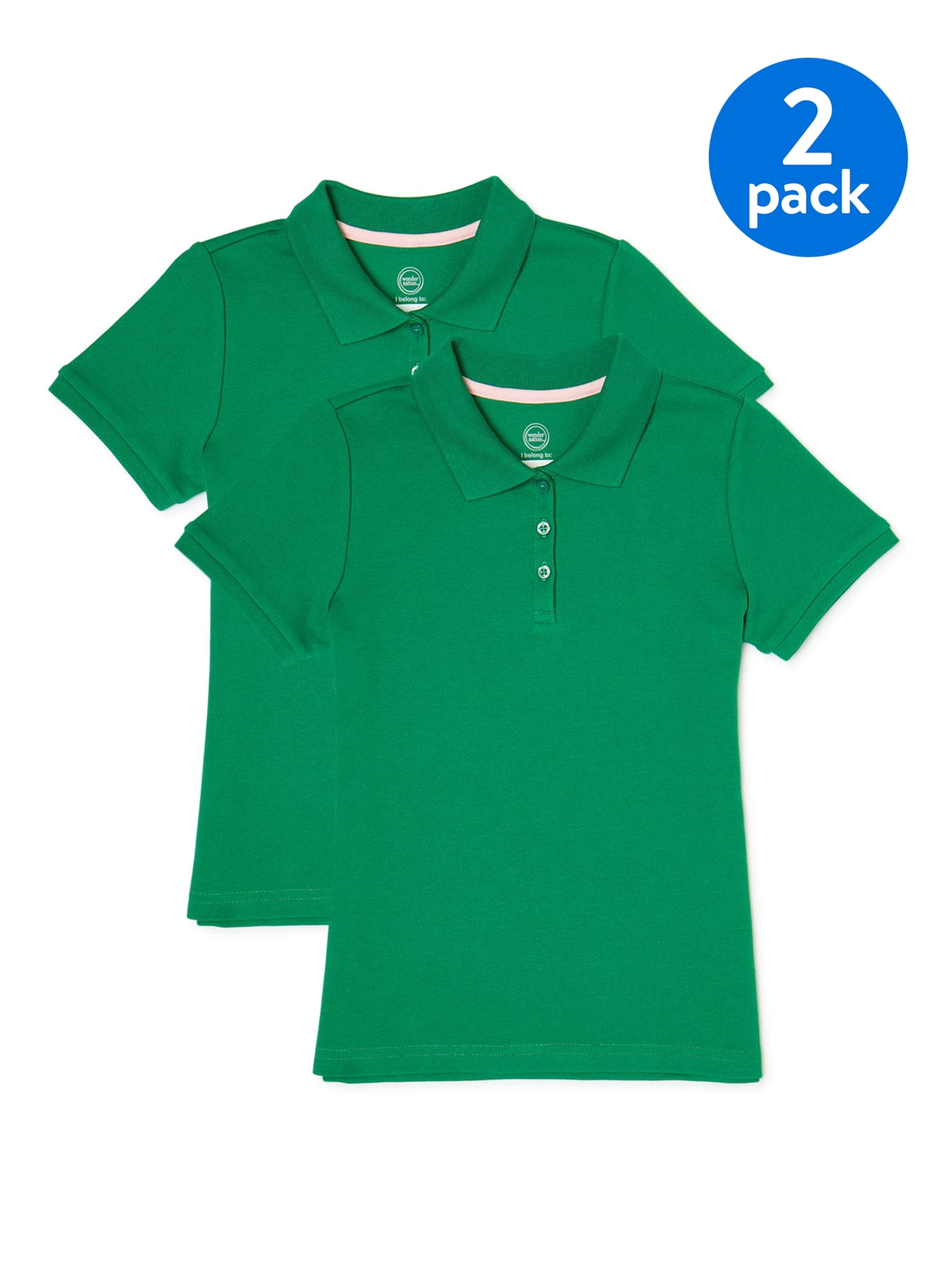 Wonder Nation Girls School Uniform Short Sleeve Interlock Polo Shirt, 2