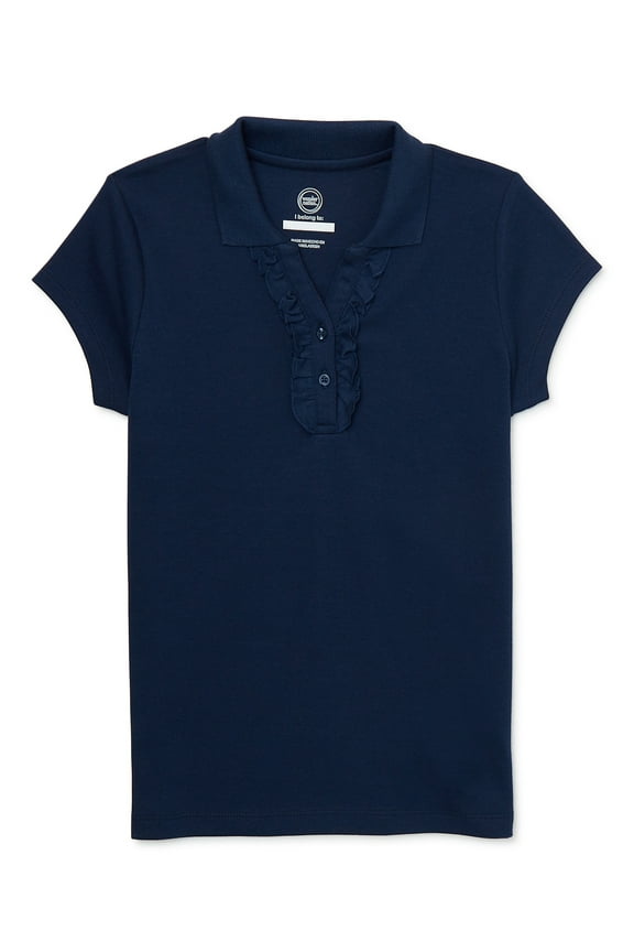 Girls School Uniform Short Sleeve Interlock Ruffle Polo Shirt, Sizes 4-18