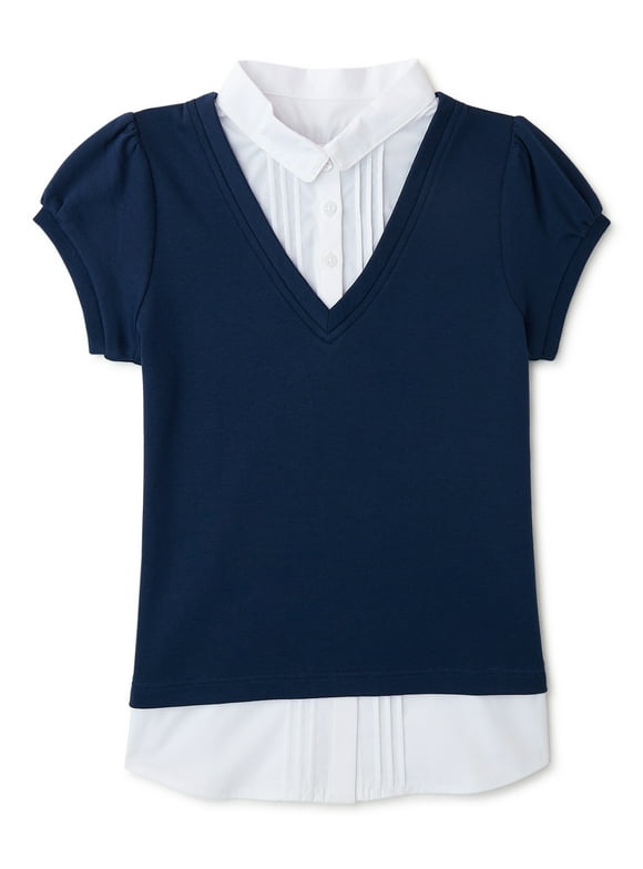 Wonder Nation Girls School Uniform V-Neck Sweater with Blouse Inset, Sizes 4-18