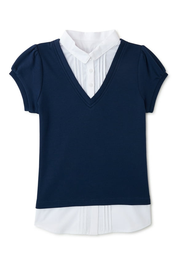 Girls School Uniform V-Neck Sweater with Blouse Inset, Sizes 4-18
