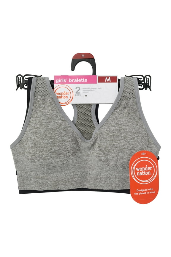 Girls' Seamless Racerback Recycled Sports Bra, 2-Pack, Sizes XS-XXL